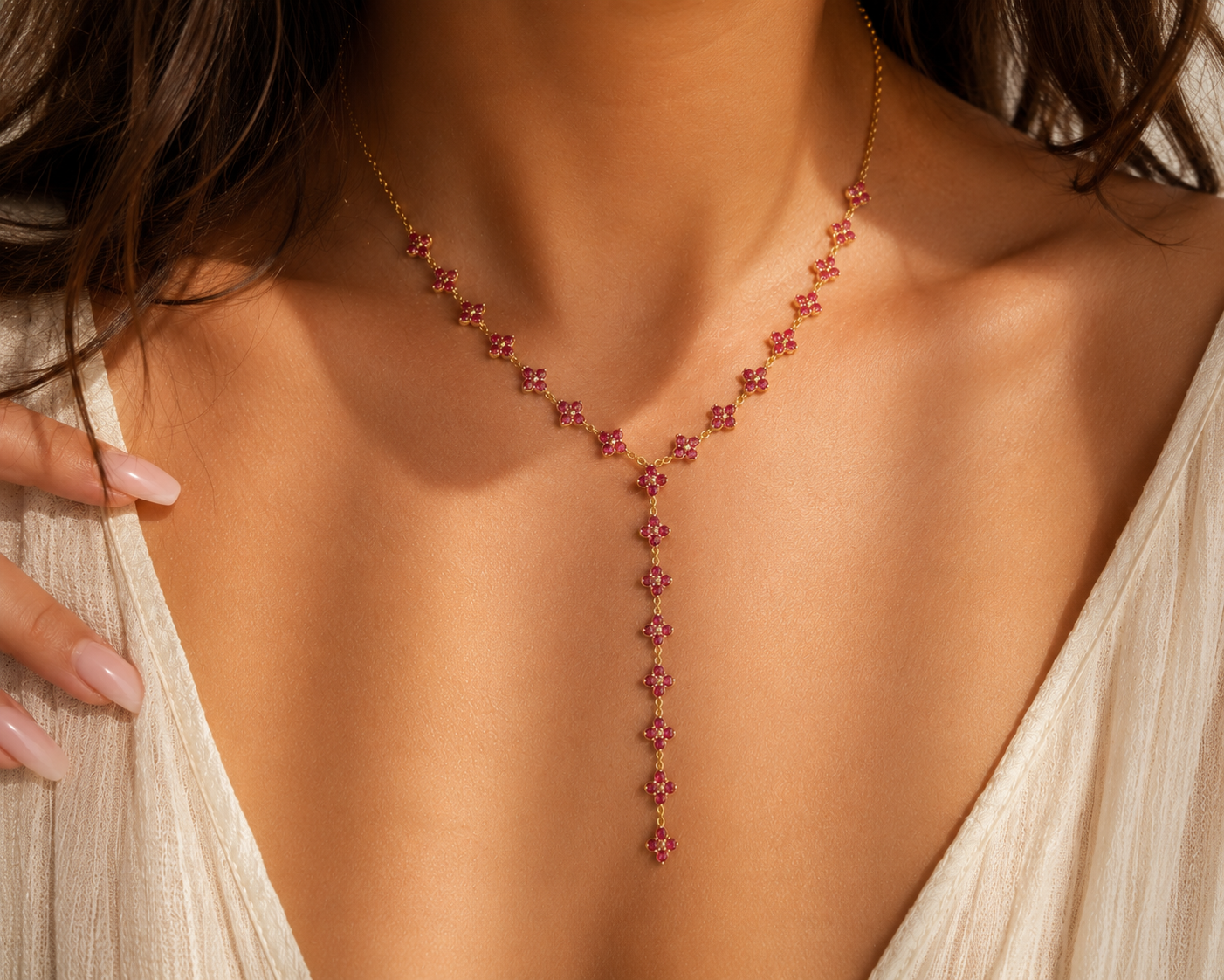 Collier long trèfles rose